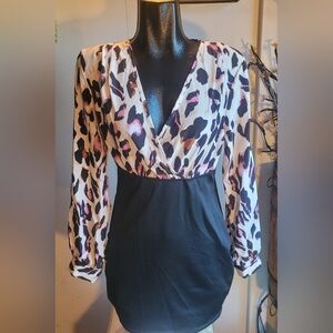 Shein Black Leopard Print Faux Wrap Dress L